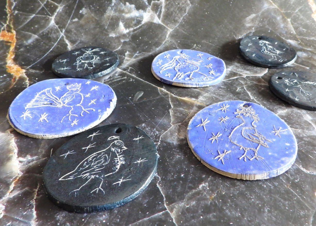 Constellation Chicks Set of 3// Hand-etched Ceramic Ornament Set