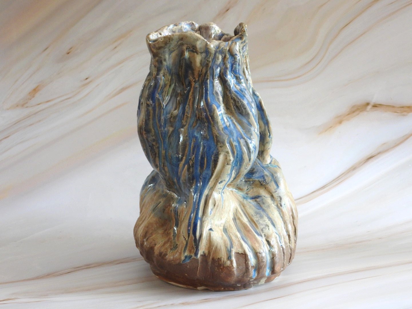 Tall Crumpled Vase // Blue & Cream Handmade Ceramic (9”) - 23 Pots