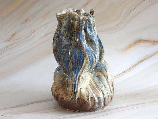 Tall Crumpled Vase // Blue & Cream Handmade Ceramic (9”) - 23 Pots