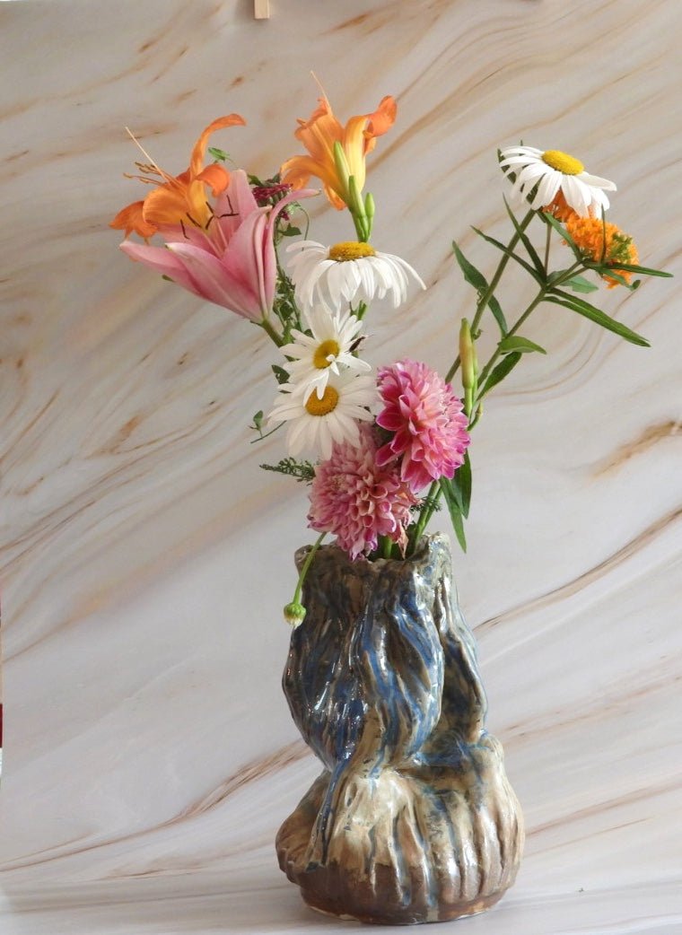 Tall Crumpled Vase // Blue & Cream Handmade Ceramic (9”) - 23 Pots