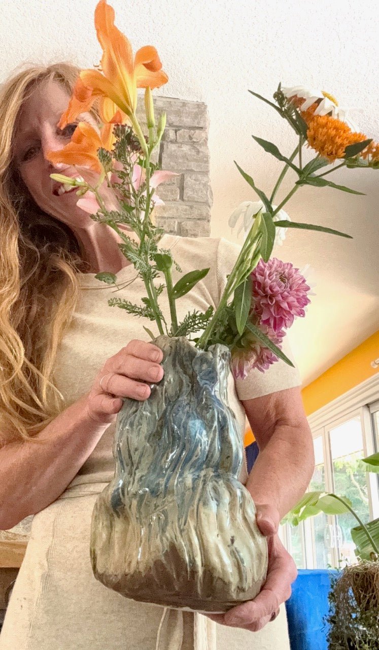 Tall Crumpled Vase // Blue & Cream Handmade Ceramic (9”) - 23 Pots